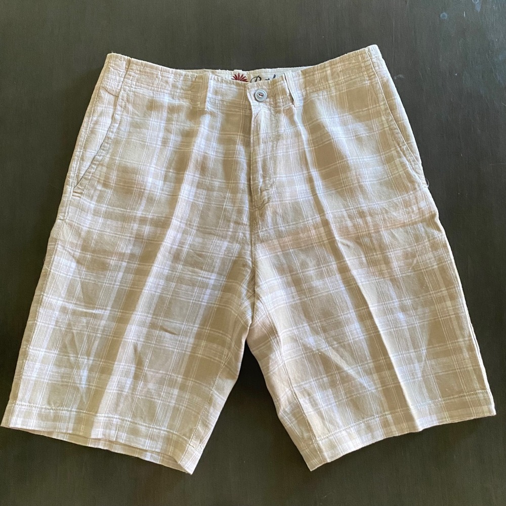 Tommy Bahama Paradise Nation Mens 32 Tan White Plaid 100% Linen Shorts RN86549